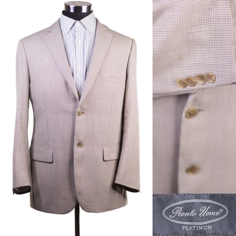 Pronto Uomo Platinum Blazer Mens 42R Wool Blend Beige Micro Check 2 Button
